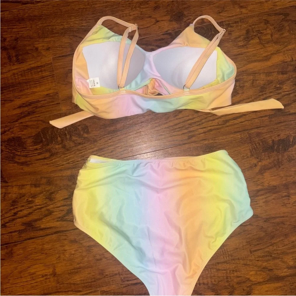 Amazon NEW High-Waisted Rainbow Tie-Dye Bikini Set Criss-Cross Cutout Design